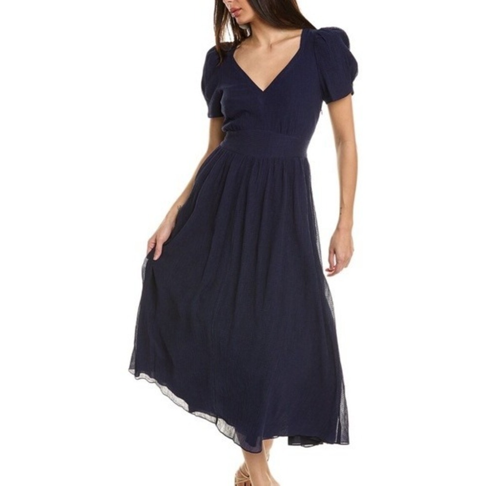 NWT LoveShackFancy Hutchinson Dress Navy Blue Silk Blend Midi Short Sleeve 00